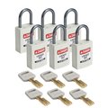 Brady Compact SafeKey Key Retaining Nylon Padlock 1 in Aluminum Shackle KD White 6PK CPT-WHT-25AL-KD6PK